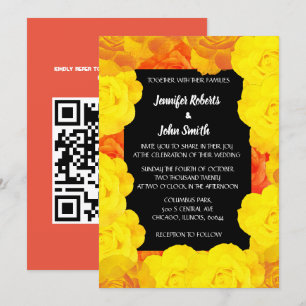 Coral Orange Yellow Black Floral QR Code Hochzeit Einladung