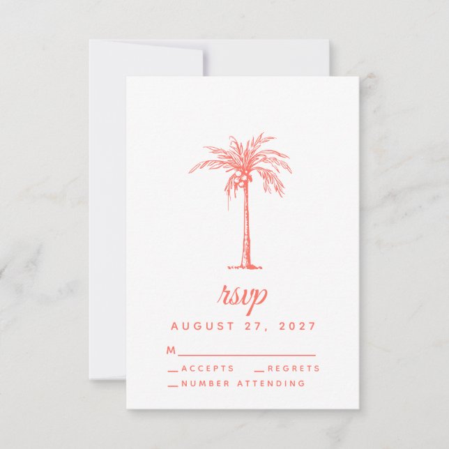 Coral Palm Tree Tropical Beach Wedding RSVP Karte (Vorderseite)