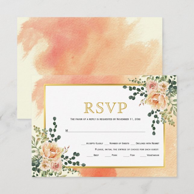Coral Peach Aquarell Blume Blumenzehen RSVP Karte (Vorne/Hinten)