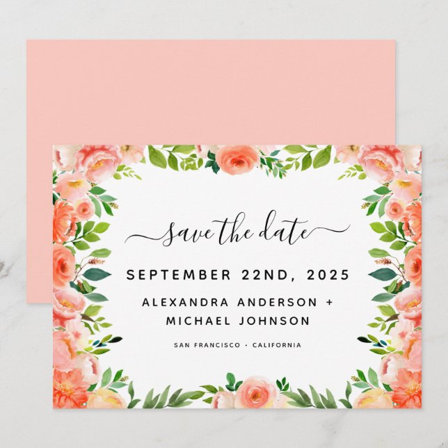 Coral Peach Blumengrün Save the Date Einladung (Vorne/Hinten)