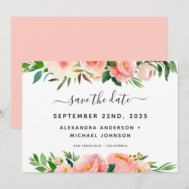 Coral Peach Blumengrün Save the Date Invitati Einladung (Vorne/Hinten)