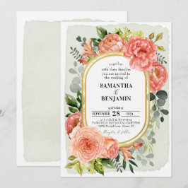 Coral Peach Blush Floral Moderne Gold Hochzeit Einladung