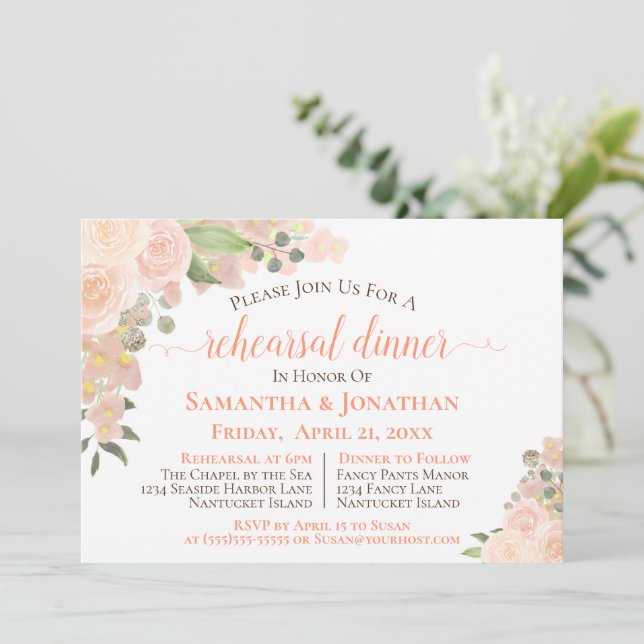 Coral Peach Boho Floral Hochzeit Probe Dinner Einladung (Stehend Vorderseite)