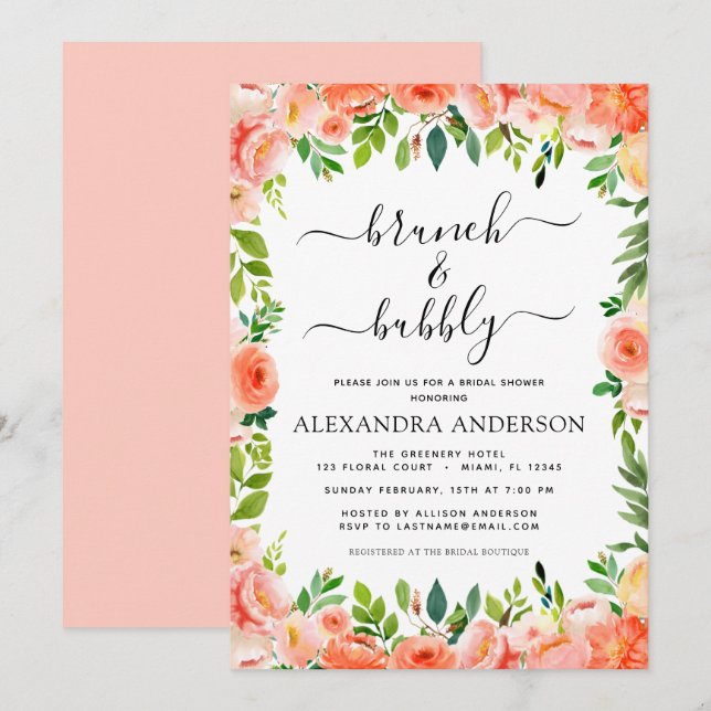 Coral Peach Brunch & Bubbly Brautparty Einladung (Vorne/Hinten)