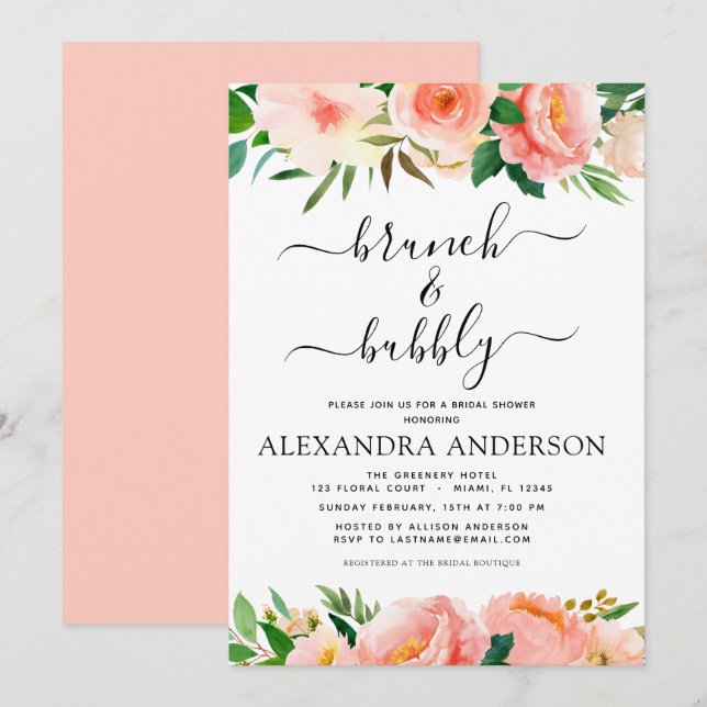 Coral Peach Brunch & Bubbly Brautparty Floral Einladung (Vorne/Hinten)