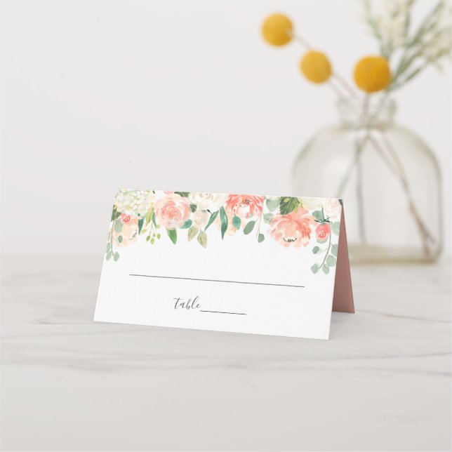 Coral Peach Cream Garden Blumenhochzeit Platzkarte (Vorderseite)