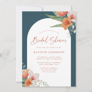 Coral Peach Floral Arch Aquamarin Blue Brautparty Einladung