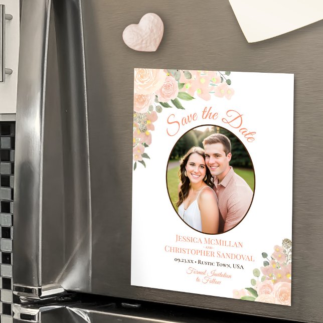 Coral Peach Floral Save the Date Oval Foto Magnet (Magnetic Back for Easy Display!)