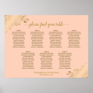 Coral Peach & Gold 7 Table Wedding Chart Poster