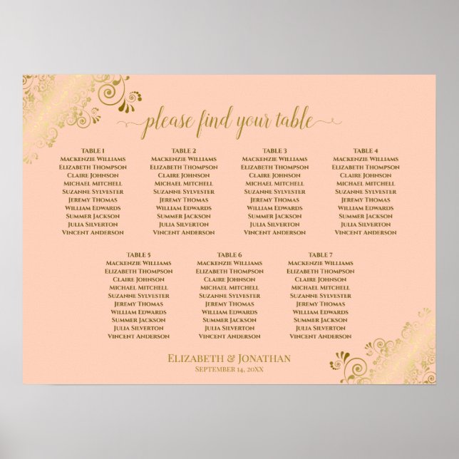 Coral Peach & Gold 7 Table Wedding Chart Poster (Vorne)