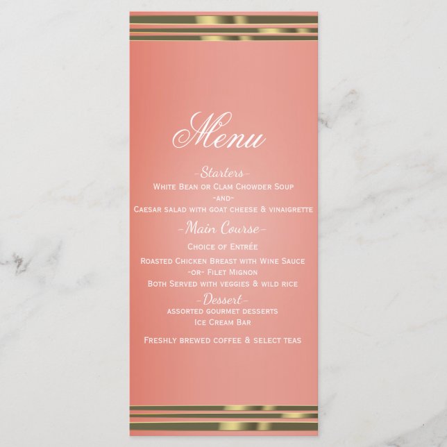 Coral Peach & Gold Dipped Chic Invasionsmenü Menükarte (Vorderseite)