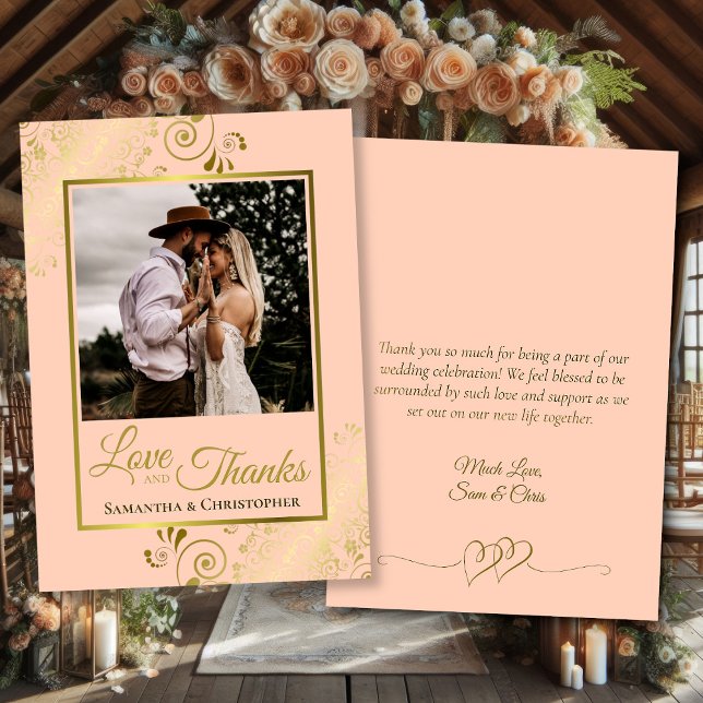 Coral Peach & Gold Liebe Dank Foto Hinweis Hochzei Dankeskarte (Front/Back)
