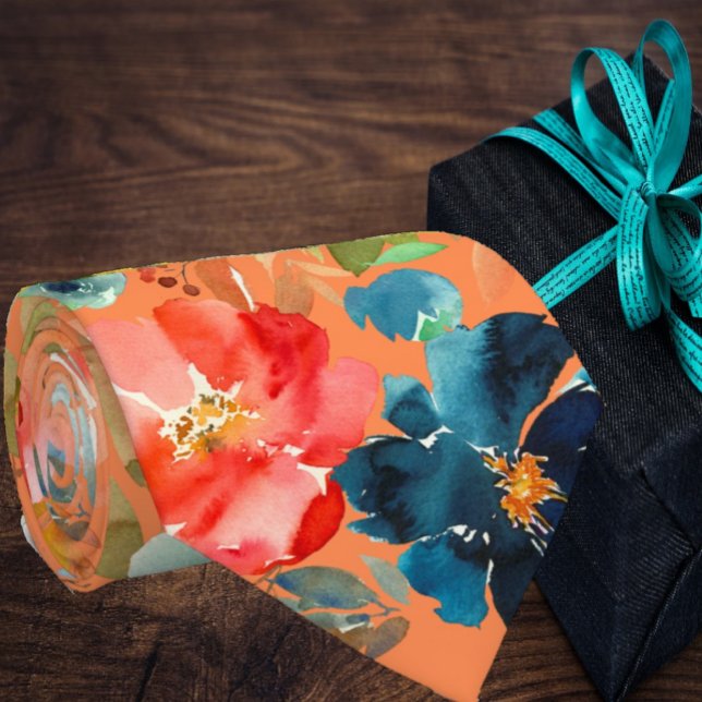 Coral Peach Indigo Navy Blue Rose Floral Neck Tie Krawatte (Von Creator hochgeladen)