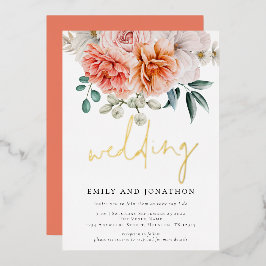 Coral Peach Peonies Florals Script Wedding Folieneinladung