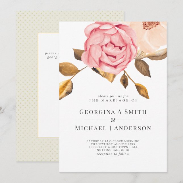 Coral Peach Pink Gold Floral Wedding Einladungen (Vorne/Hinten)