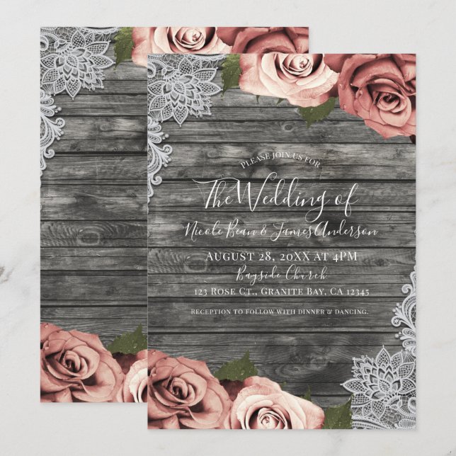 Coral Peach Rose Grau Rustic White Lace Wedding Einladung (Vorne/Hinten)