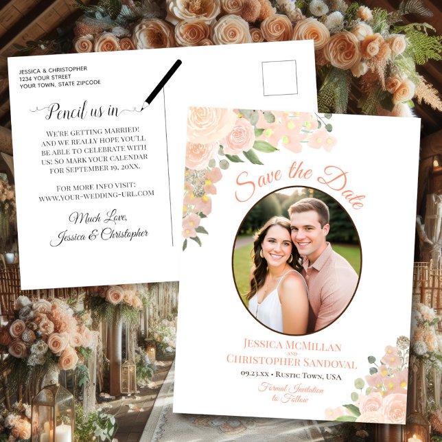 Coral Peach Rose Oval Foto Hochzeit Speichern Sie  Ankündigungspostkarte (Front/Back)