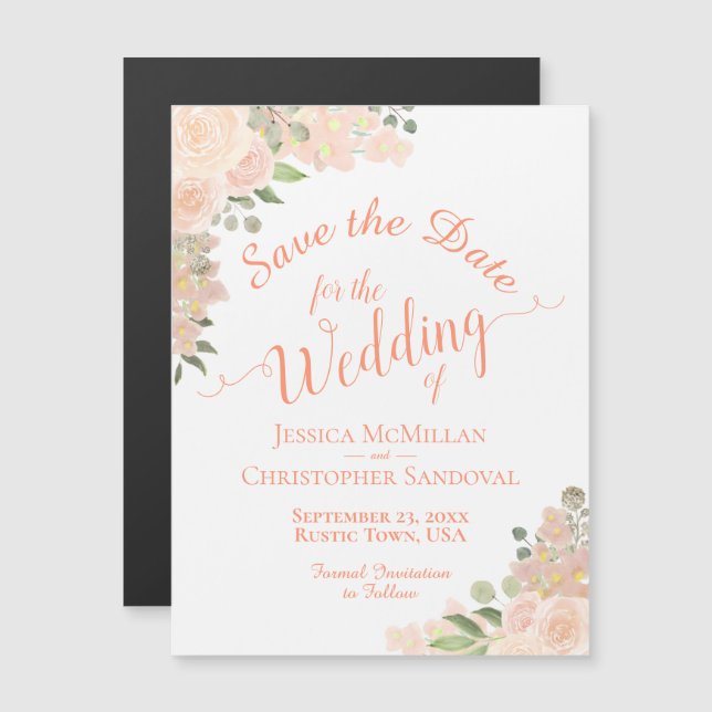 Coral Peach Rose Save the Date Kalligraphie Magnet (Vorne/Hinten)