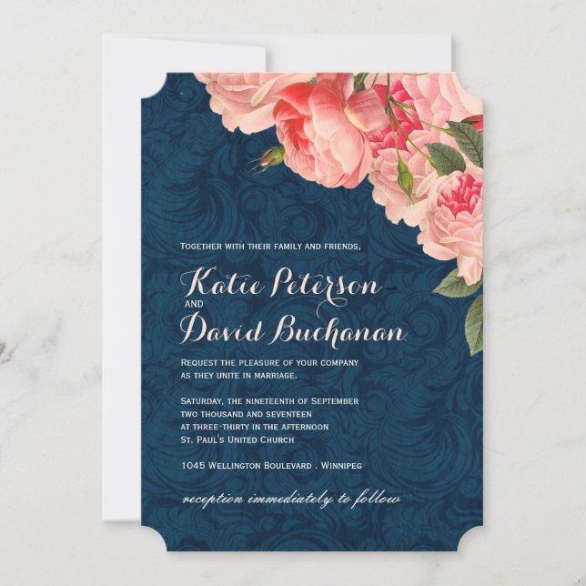 Coral Peonie auf Hochzeitseinladung der Marine Einladung (Vorderseite)