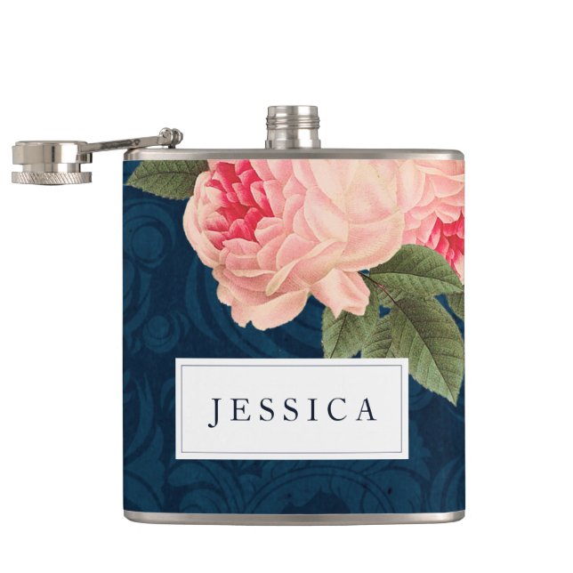 Coral Peonies and Navy Feathers Bridesmaid Flask Flachmann (Geöffnet)