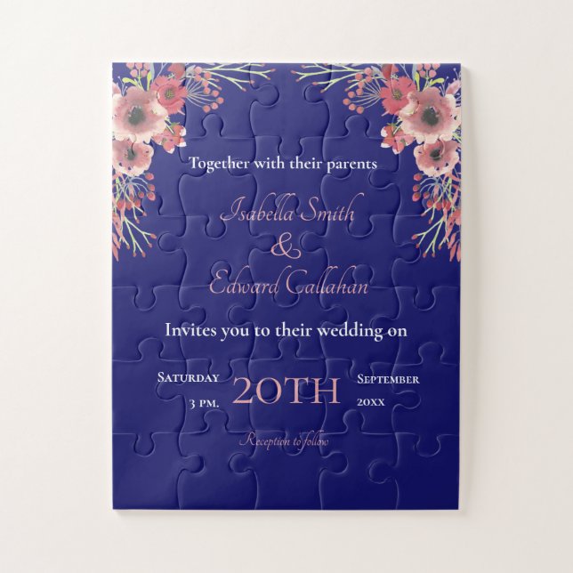 Coral Peony Floral Bouquet Navy Einladung Hochzeit (Vertikal)