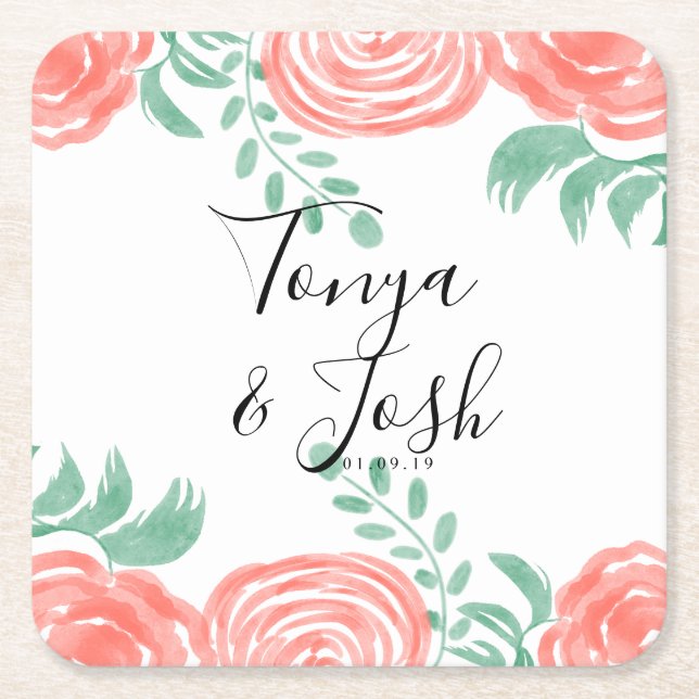 Coral Peony Modern Wedding Rechteckiger Pappuntersetzer (Vorderseite)