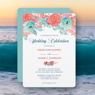 Coral Pink and Aqua Floral Wedding Invitation Einladung