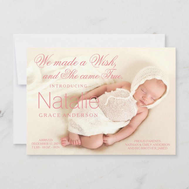 Coral Pink Baby Girl Geburtserklärung Ankündigung (Vorderseite)