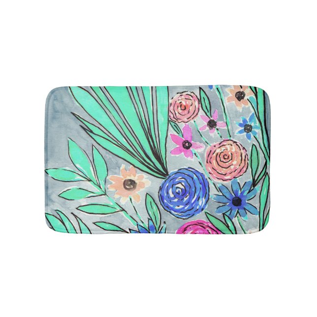Coral Pink Blue Green Blume Art Badematte (Vorderseite)