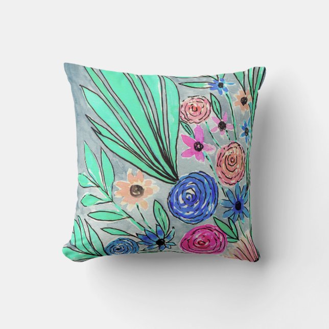 Coral Pink Blue Green Blume Art Kissen (Vorderseite)