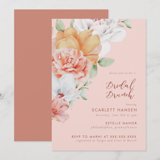 Coral Pink Blumenbraun Brunch Einladung (Vorne/Hinten)