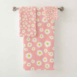 Coral Pink Boho Spring Daisies Muster Badhandtuch Set