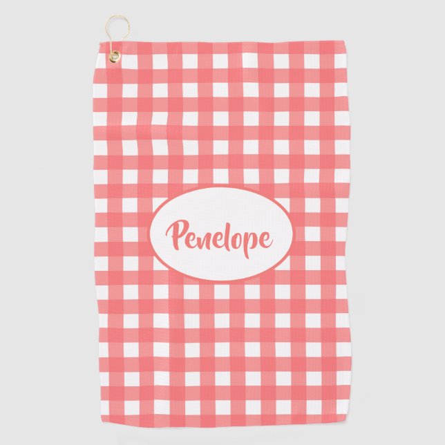 Coral Pink Classy Gingham Muster mit Namen Golfhandtuch (Vorderseite)