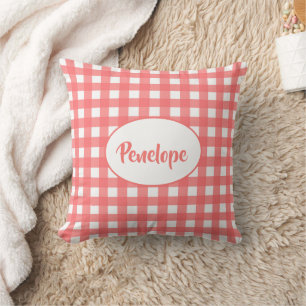 Coral Pink Classy Gingham Muster mit Namen Kissen