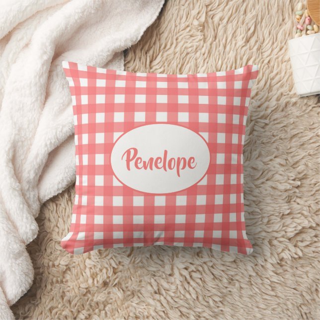 Coral Pink Classy Gingham Muster mit Namen Kissen (Decke)