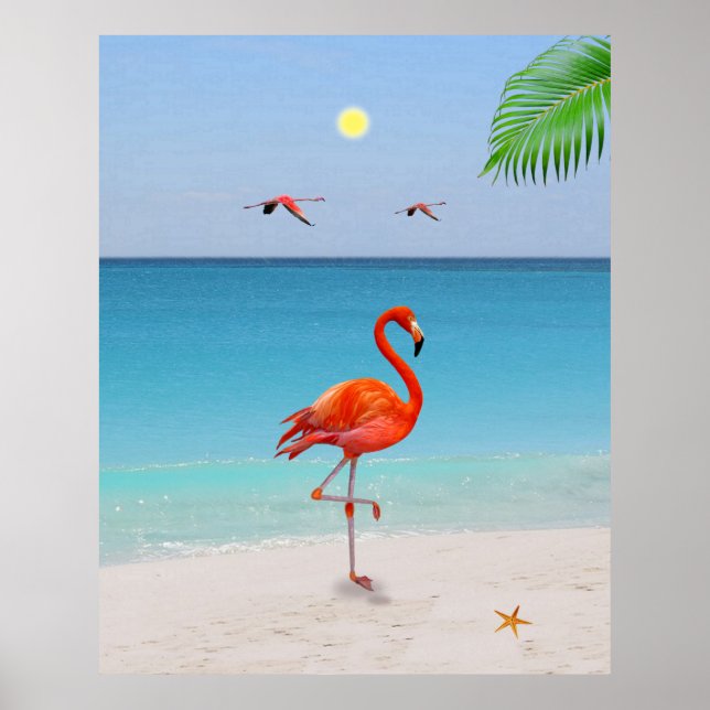 Coral Pink Flamingo & Palm Leaf am Strand Poster (Vorne)