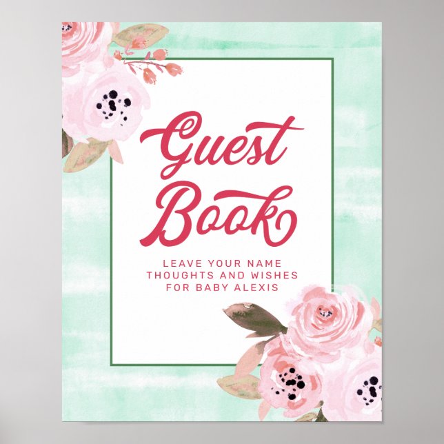 Coral Pink Floral Baby Showroom Gästebuch-Zeichen Poster (Vorne)