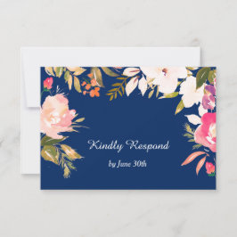Coral Pink Floral Border Navy Blue Wedding RSVP Karte