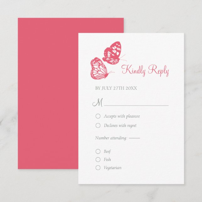 Coral Pink Floral Butterfly Garden Boho Wedding RSVP Karte (Vorne/Hinten)
