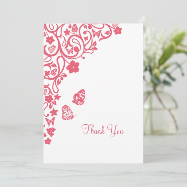 Coral Pink Floral Butterfly Garden Hochzeit Dankeskarte (Stehend Vorderseite)