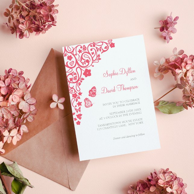 Coral Pink Floral Butterfly Garden Hochzeit Einladung (Von Creator hochgeladen)