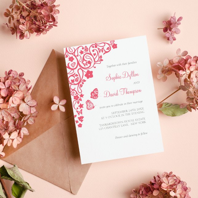 Coral Pink Floral Butterfly Garden Hochzeit Einladung (Von Creator hochgeladen)