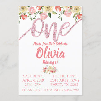 Coral & Pink Glitzer Floral Erster Geburtstag Part Einladung