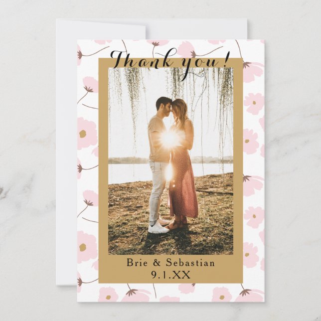 Coral Pink & Gold Floral Foto Hochzeit Vielen Dank Einladung (Vorderseite)