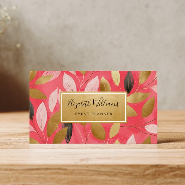 Coral Pink Gold Leaves Botanical Business Cards (Créateur téléchargé)