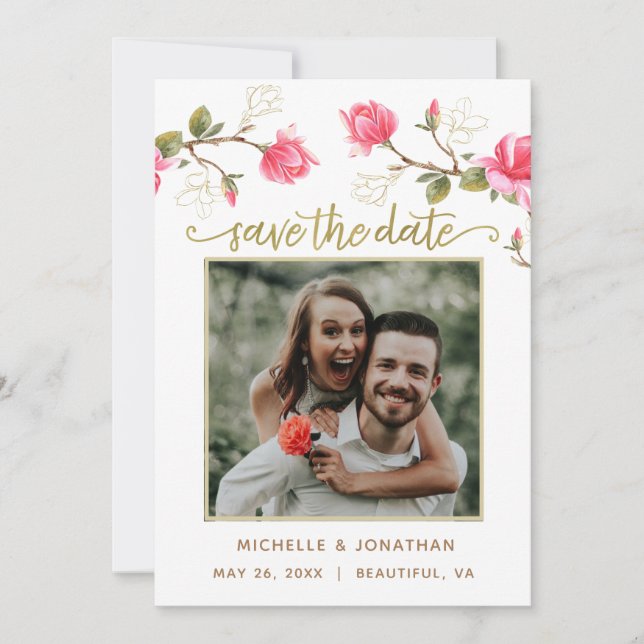 Coral Pink Gold Magnolia FOTO Save The Date (Vorderseite)