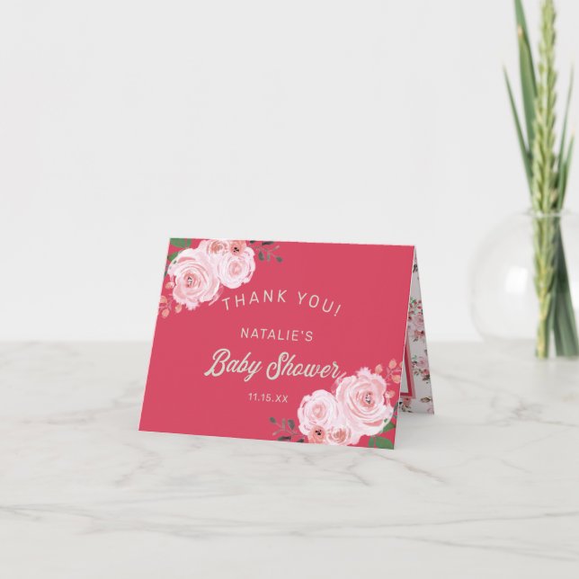 Coral Pink & Green Floral Baby Dusche Vielen Dank (Vorderseite)