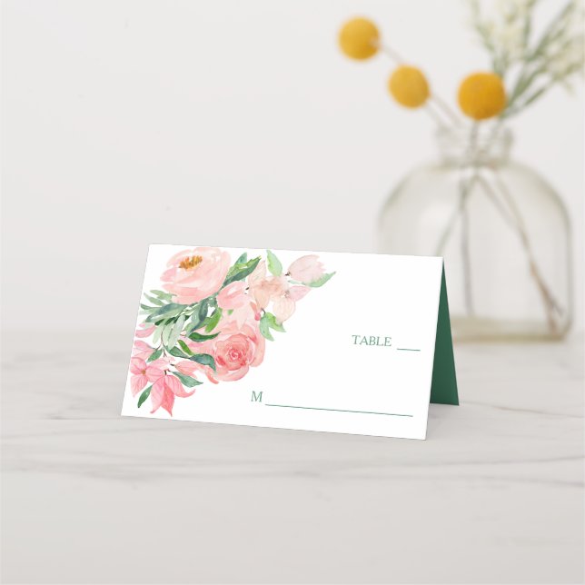Coral Pink Green Floral Wedding Platzkarte (Vorderseite)