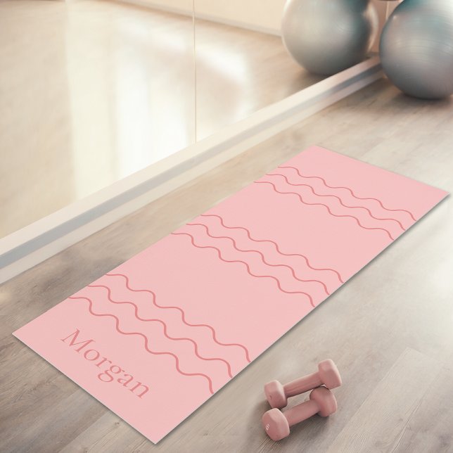 Coral Pink Modern Wavy Lines With Custom Name Yogamatte (Disclaimer: This image is a digital mockup.)