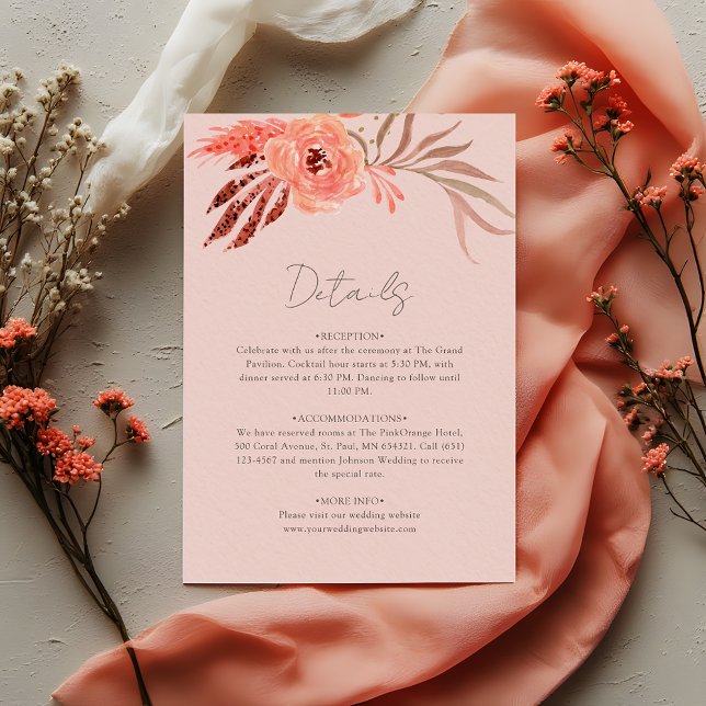 Coral Pink Orange Floral Wedding Details Begleitkarte (Von Creator hochgeladen)